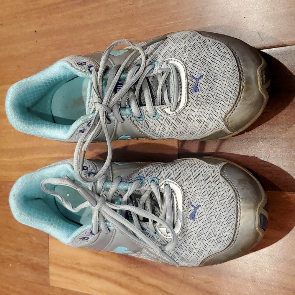 Puma gray teal and purple running shoes